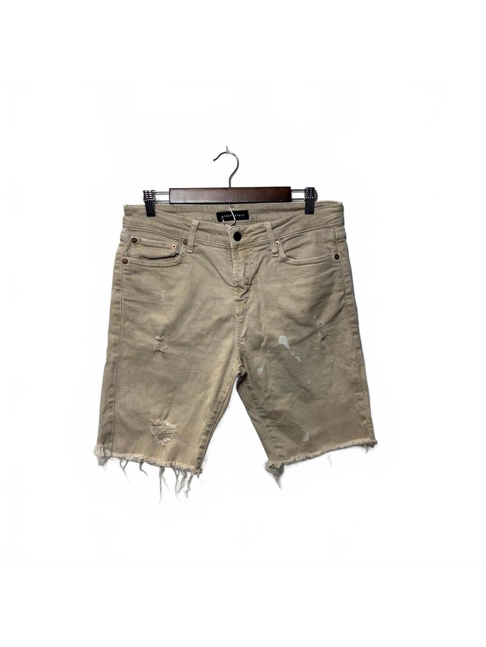 Aeropostale Slim Cut-Off Denim Shorts Mens 31 Tan Khaki Distressed Frayed Hem